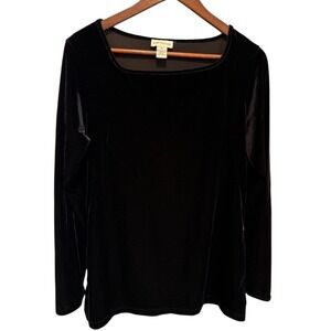 Ann Taylor Black Velvet Square Neck‎ Long Sleeve Top Stretch Blouse Women Sz M